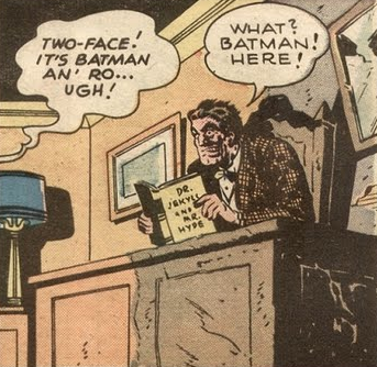 Two-Face of Batman (DC Universe) reading Doctor Jekyll And Mr. Hyde by Robert Louis Stevenson