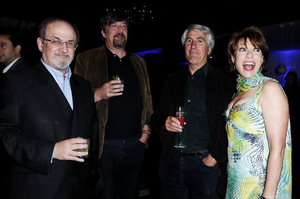 14th September 2012. The Joseph Anton Memoir Book Launch Party at The Collection, Brompton Road, London. Here, Salman Rushdie, Stephen Fry and Kathy Lette.